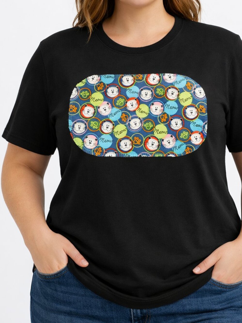 Ladies XL Black Cotton T-Shirt Meow Neon Kitty Applique NEW
